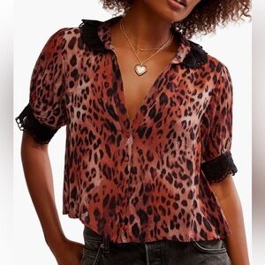 Free People Animal Print Blouse in Brown and Black